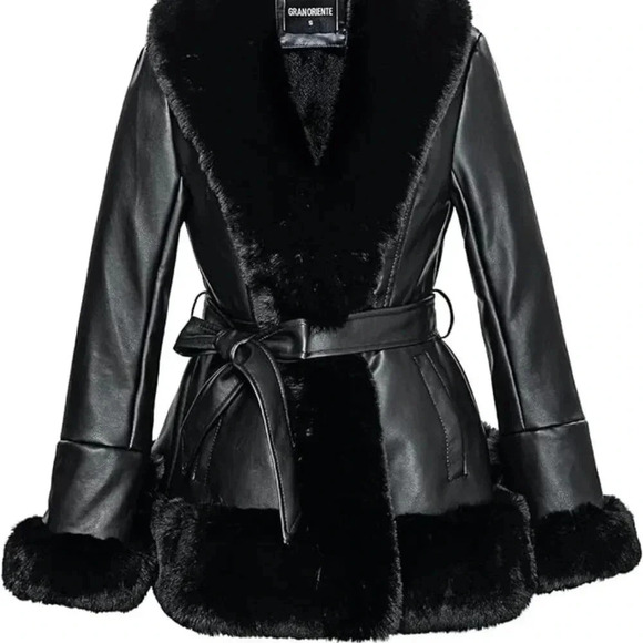 Faux Leather Jacket with Faux Fur Collar Long Sleeve Parka...